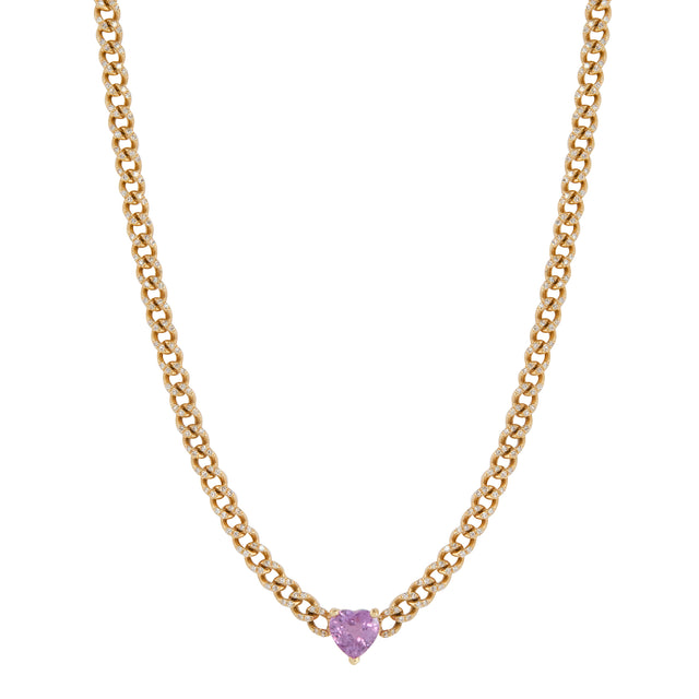 Pave Diamond and Pink Sapphire Heart Baby Link Necklace