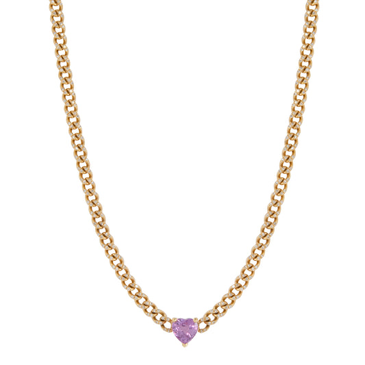 Pave Diamond and Pink Sapphire Heart Baby Link Necklace - Main Img