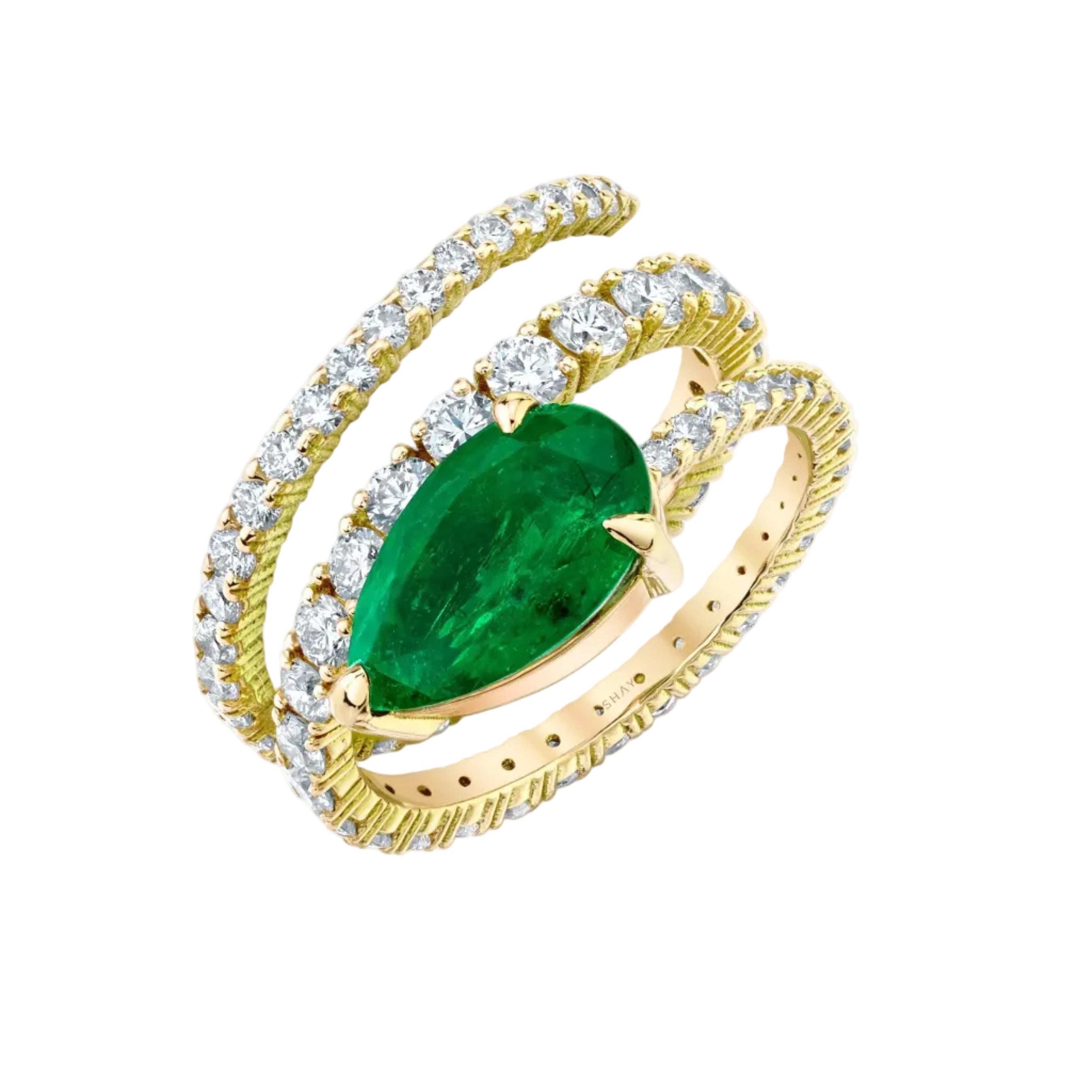 Spiral Teardrop Emerald & Diamond Ring in 18K Yellow Gold