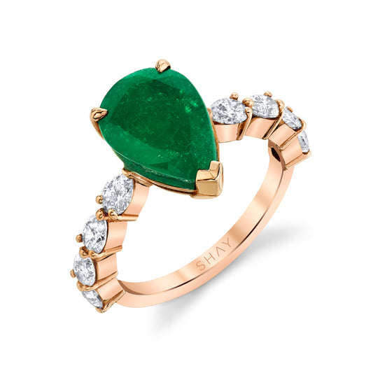 Pear Shaped Emerald Ring with Pear Diamond Band - Rose Gold - Main Img