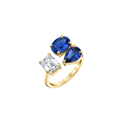 Triple Threat Ring - Double Sapphire & Emerald Cut Diamond - Main Img