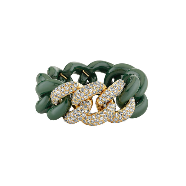 Triple Pave Diamond Green Ceramic Link Ring
