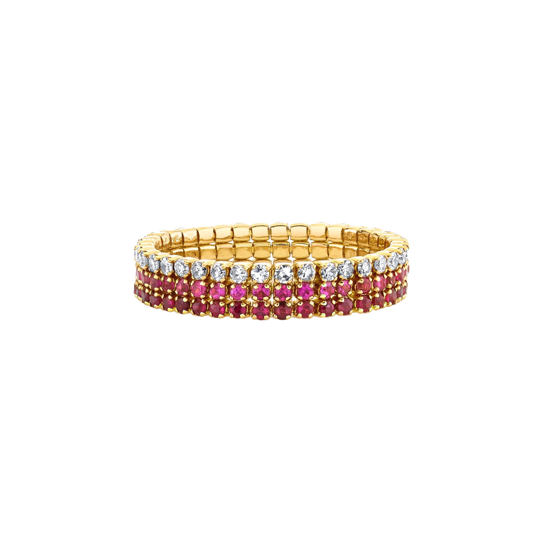 Tri-Colored Ruby and Pink Sapphire Thread Ring with Diamond