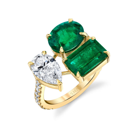 Emerald and Diamond Pear Triple Threat Ring - Yellow Gold - Main Img