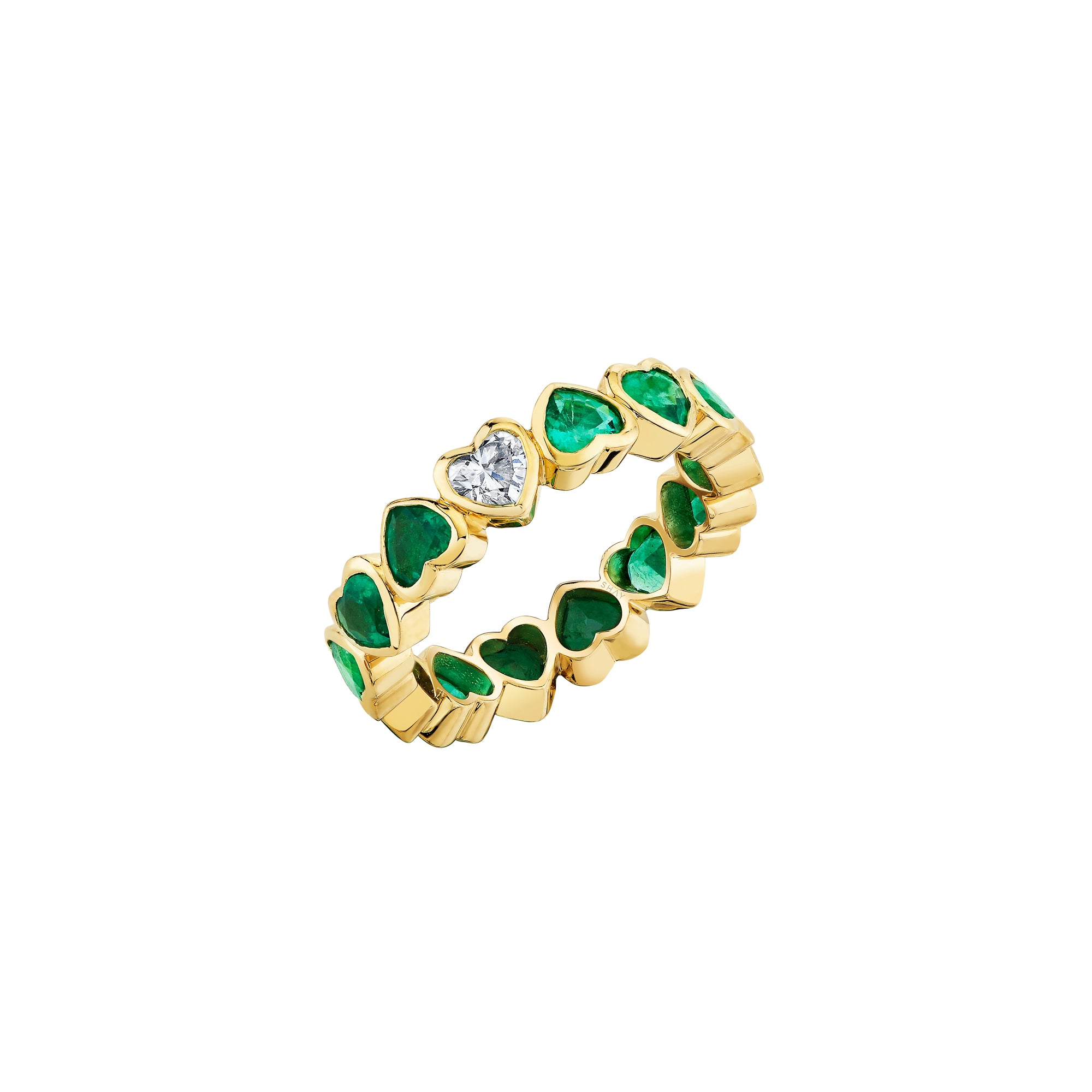Emerald and Diamond Bezel Heart Band Ring