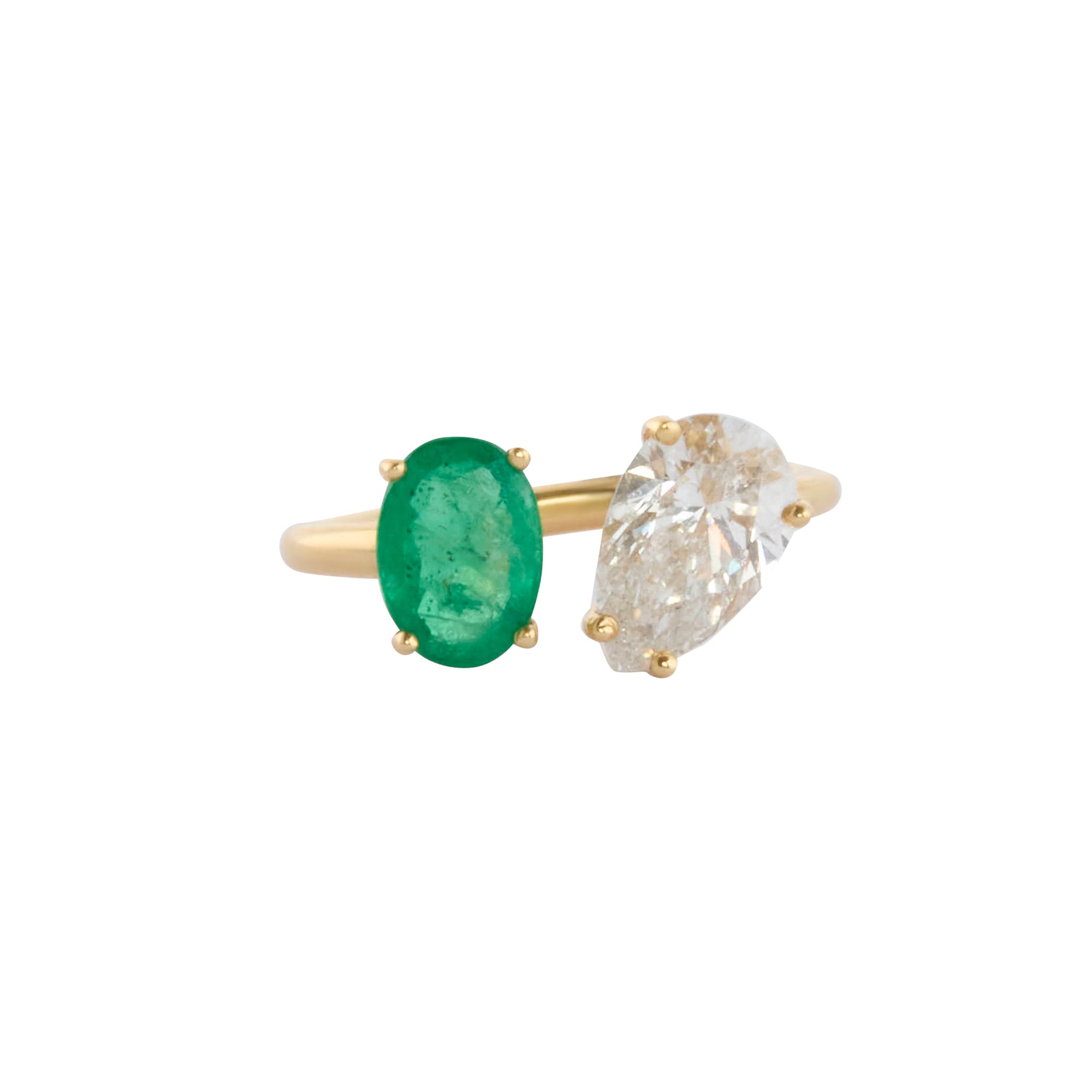 Pear Diamond and Oval Emerald Twin Ring