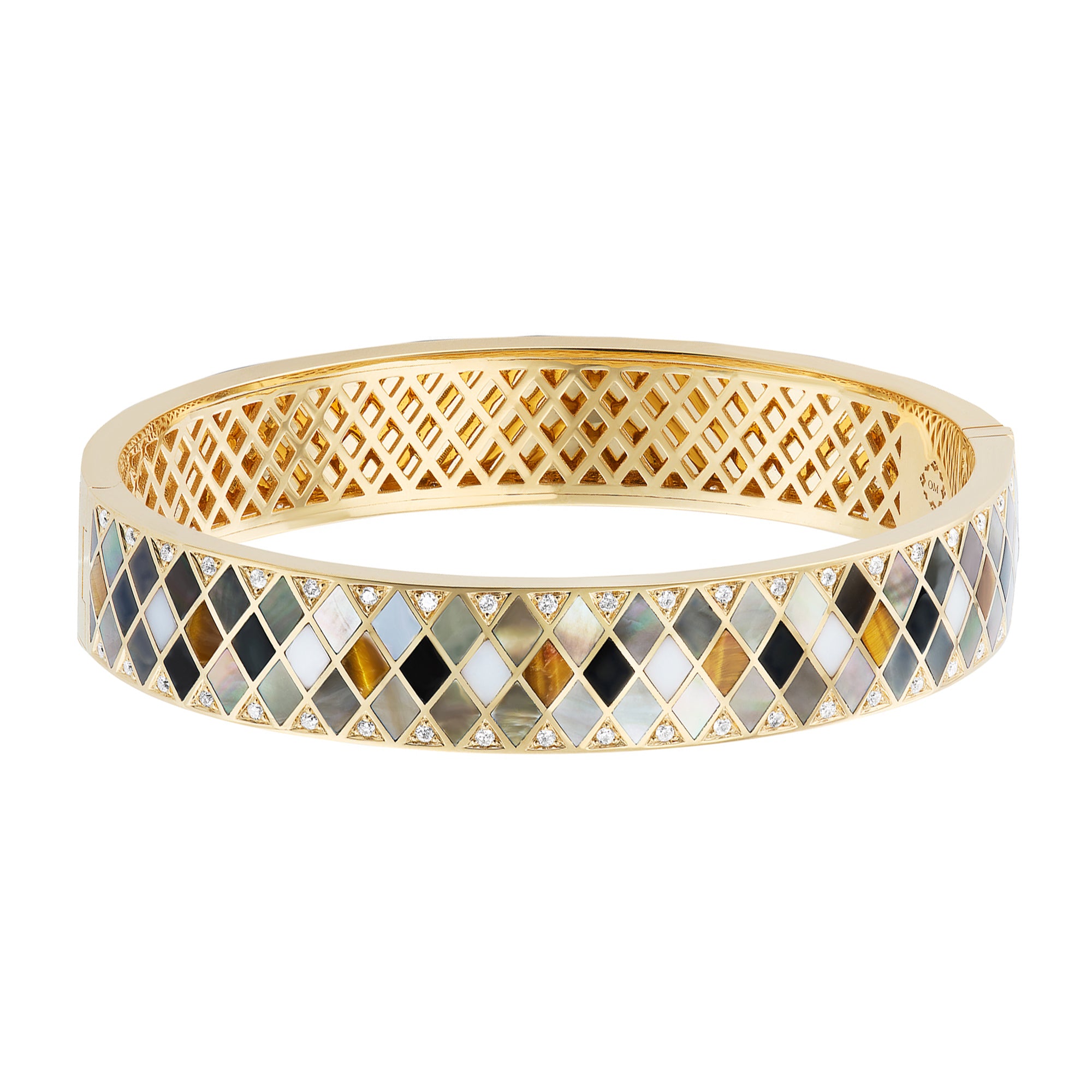 Diamond, Black Onyx, White Onyx, Grey Mother of Pearl, and Tigers Eye Tile Bangle