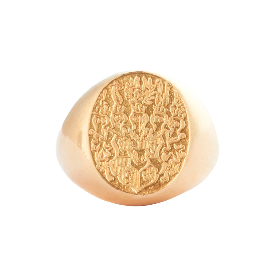 Antique & Vintage Jewelry Chunky Engraved Coat of Arms Signet Ring - Rings - Broken English Jewelry front view