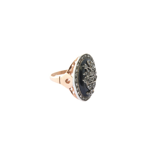 Oval Flower Vase Ring - Onyx and Rose Cut Diamond