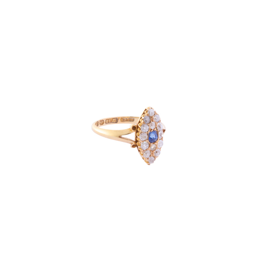 Old Mine Cut Diamond and Marquise Ring - Blue Sapphire