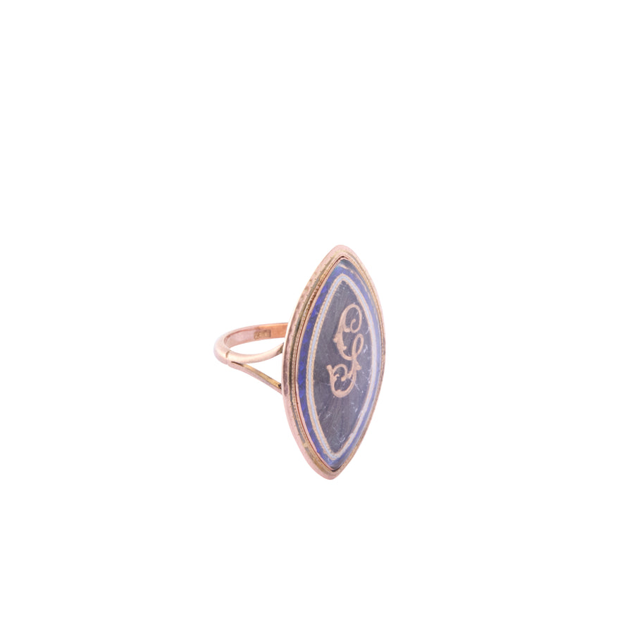 "G" Letter Navette Memorial Ring - Blue and White Enamel