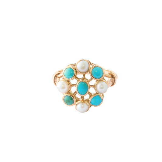 Cluster Ring - Engraved Turquoise and Pearl - Main Img