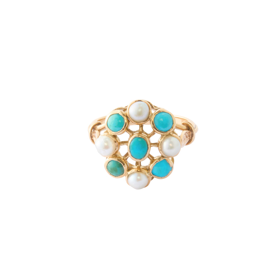 Cluster Ring - Engraved Turquoise and Pearl