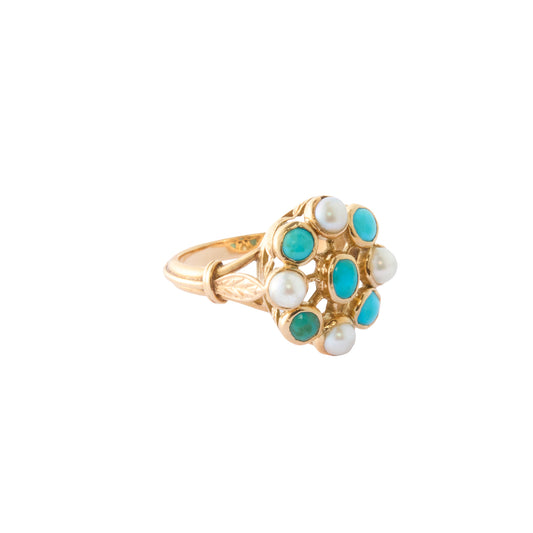 Cluster Ring - Engraved Turquoise and Pearl