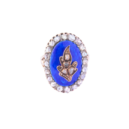 Diamond Flame Motif Oval Ring - Blue Enamel - Main Img