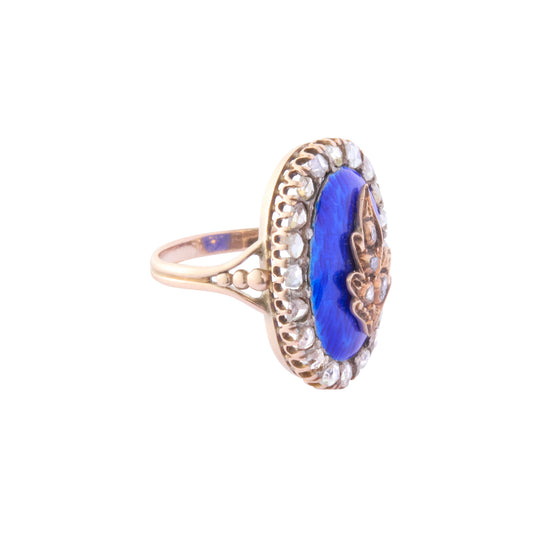 Diamond Flame Motif Oval Ring - Blue Enamel