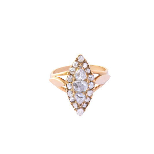 Split Shoulder Cluster Ring - Marquise and Rose Cut Diamond - Main Img