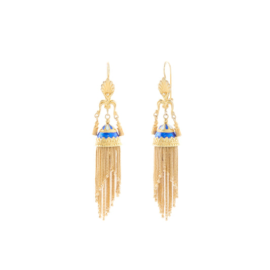 Long Tassel Earrings - White and Blue Enamel - Main Img