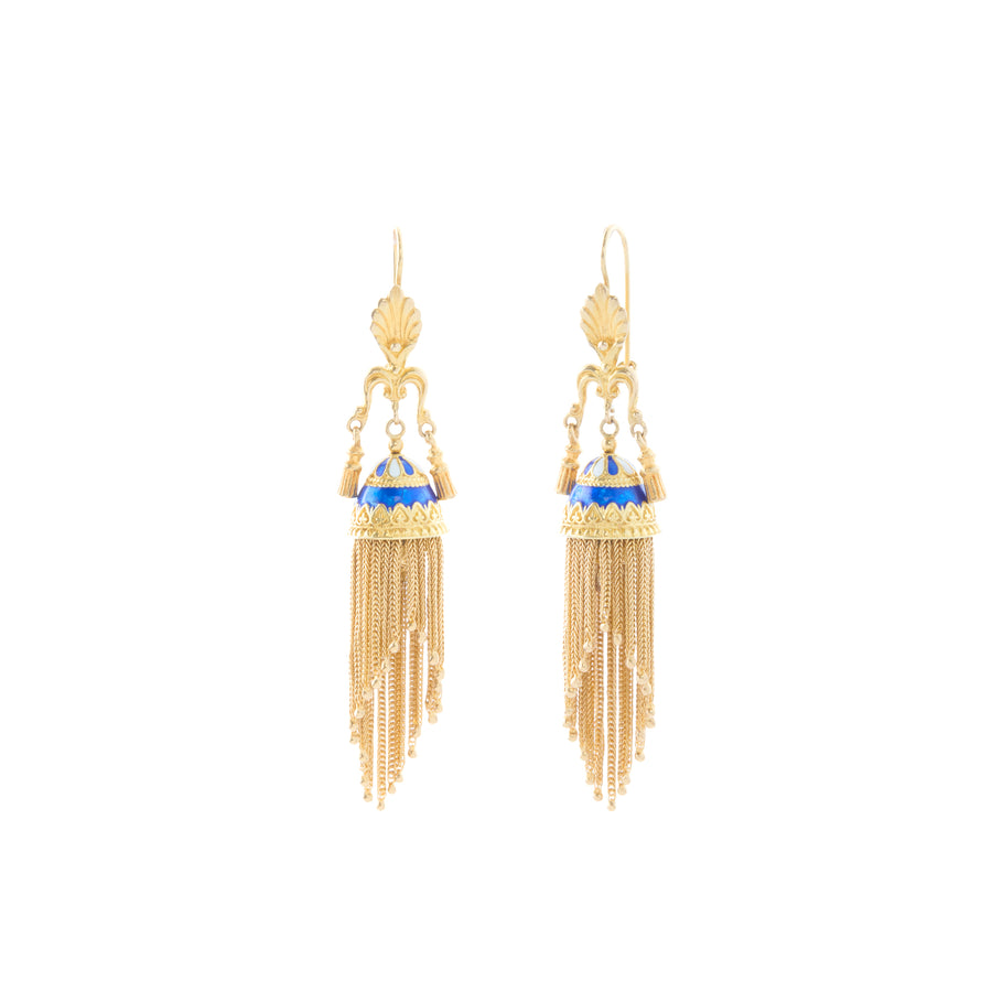 Long Tassel Earrings - White and Blue Enamel