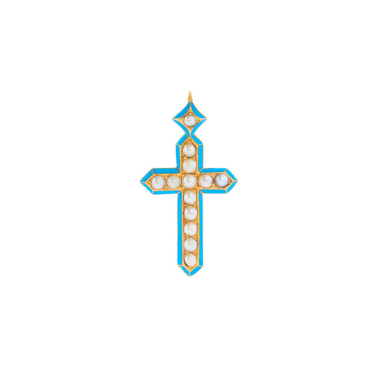 Enamel Cross Pendant - Pearl and Turquoise - Main Img