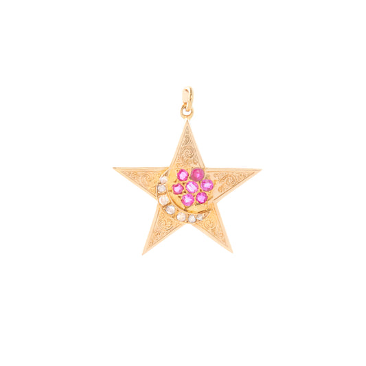 Moon and Star Cluster Pendant - Ruby and Diamond - Main Img