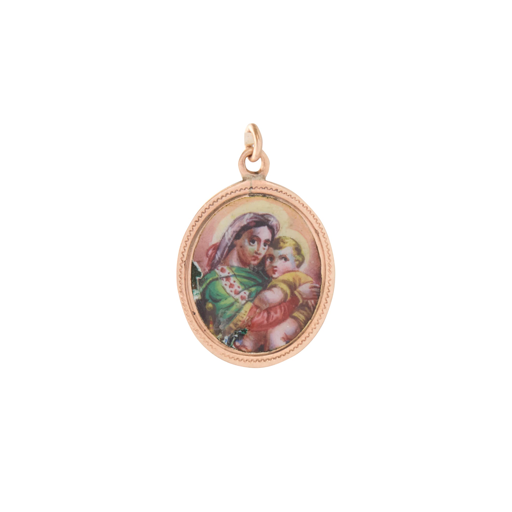 Enamel and Copper Virgin Mary and Baby Jesus Pendant 14K Gold