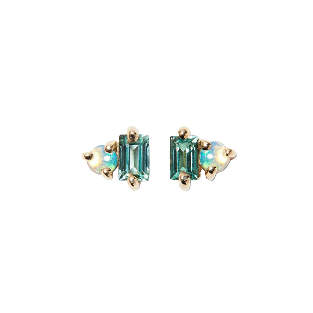 Baguette Tourmaline, Opal, and Diamond Column Studs