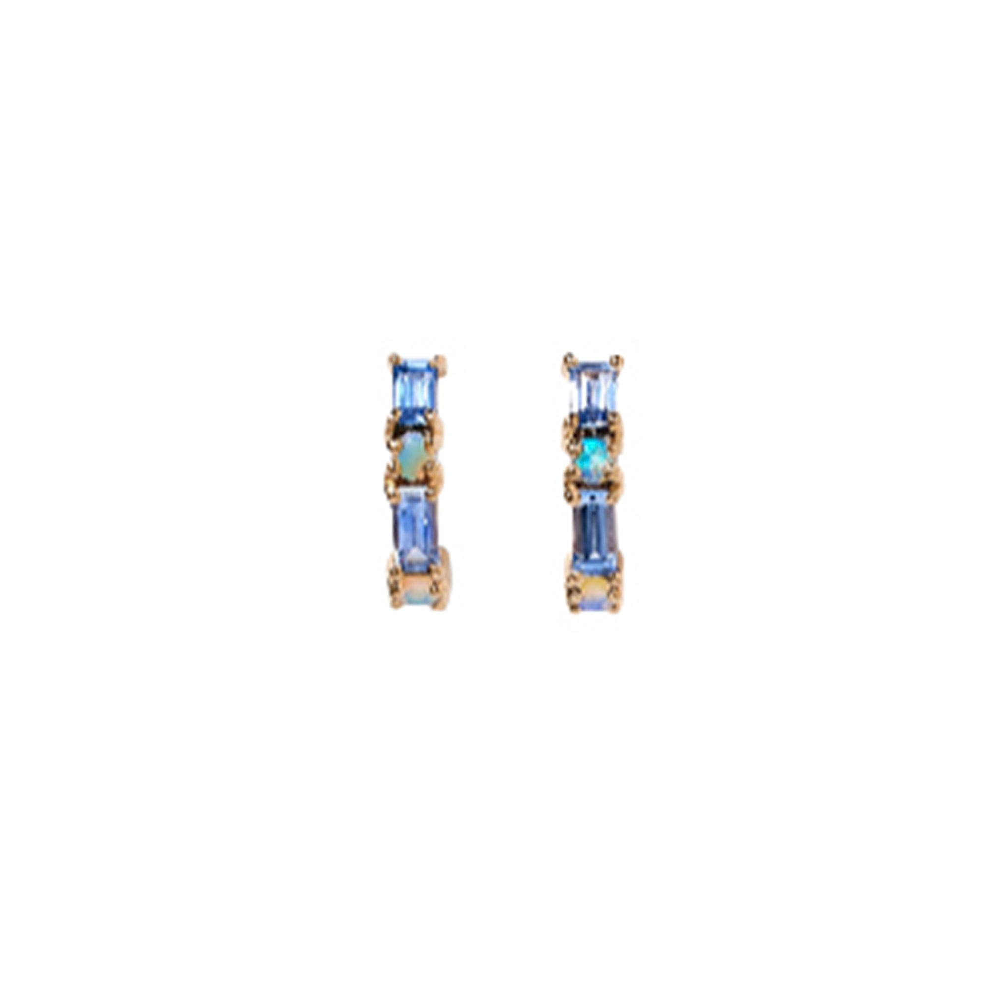 Baguette Light Blue Sapphire and Opal Pillar Hoop Earrings