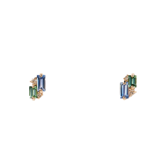 Bevy Earrings with Light Blue Sapphire, Green Tourmaline & Diamond 14K YG