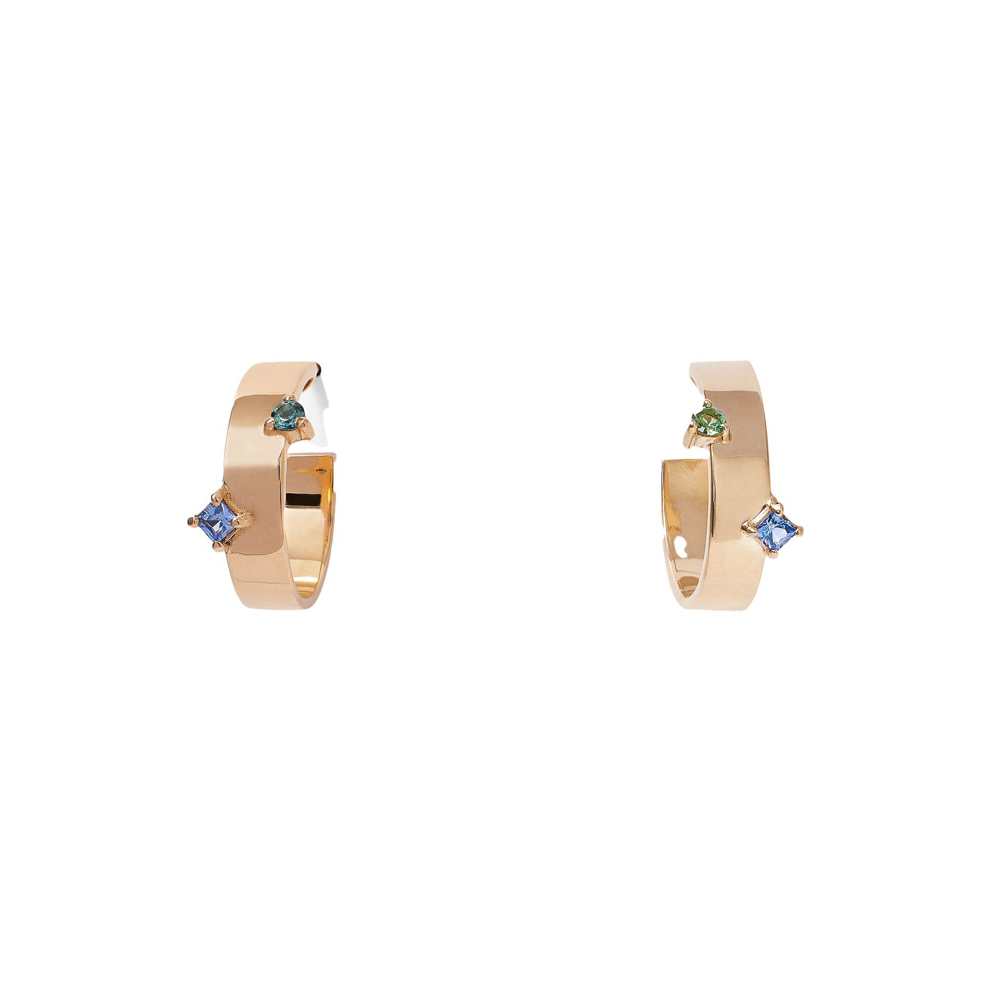 Light Blue Sapphire and Green Tourmaline Bove Hoop Earrings