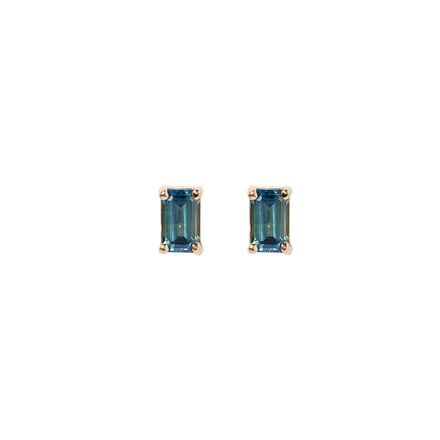 Large Emerald Cut Teal Blue Sapphire Stud Earrings