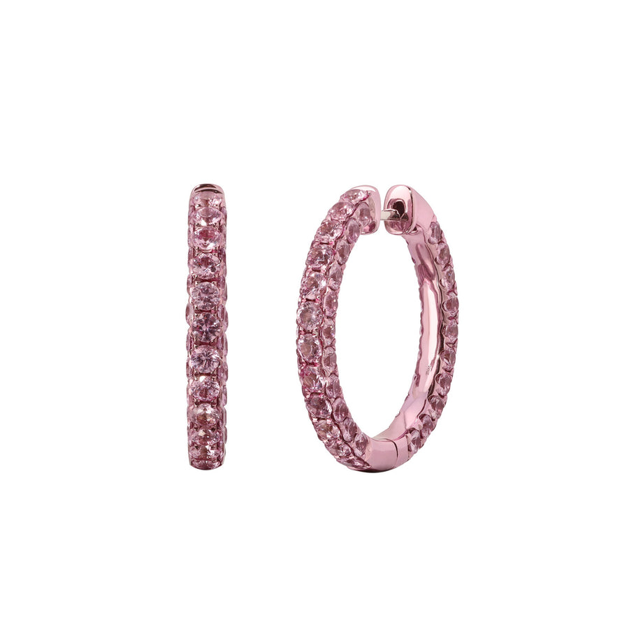 Graziela 3 Sided Hoops - Pink Sapphire and Pink Rhodium - Earrings - Broken English Jewelry, front and angled view