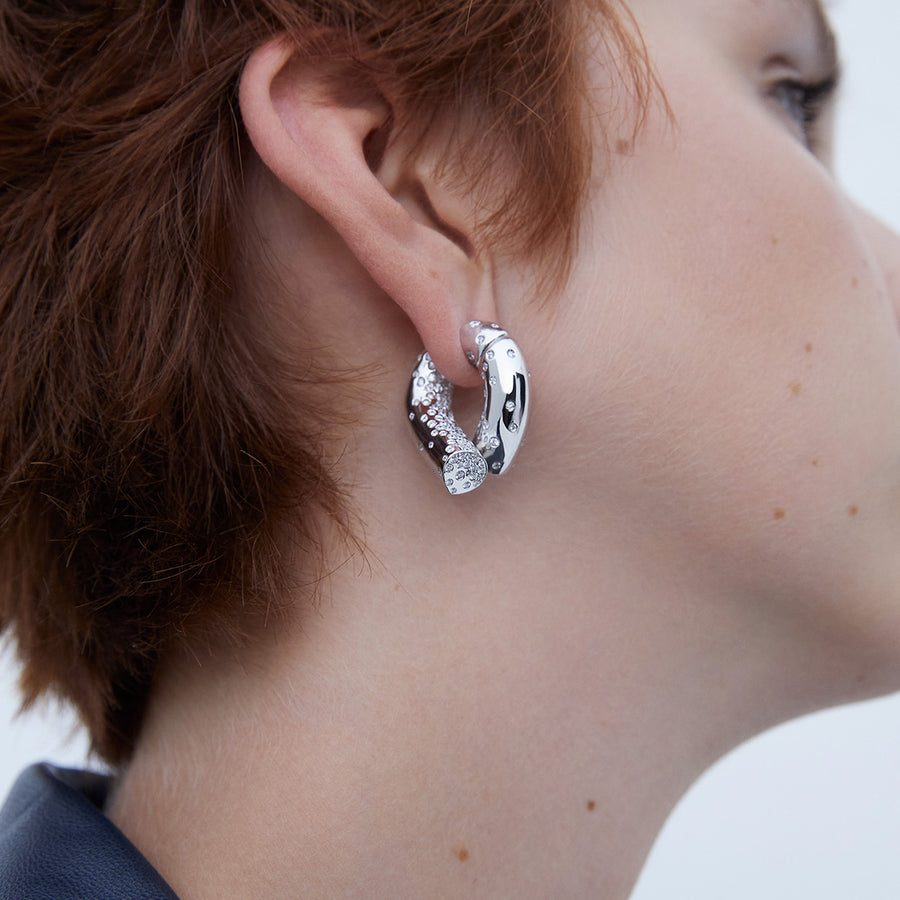 Tabayer Large Oera Hoop Earrings - White Gold and Diamond - Earrings - Broken English Jewelry on model