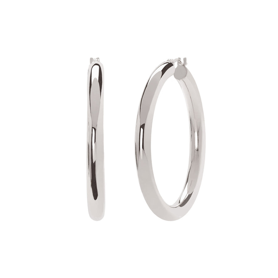 BE Jewelry Large Fancy Hoops - 4mm - White Gold - Earrings - Broken English Jewelry front and angled view