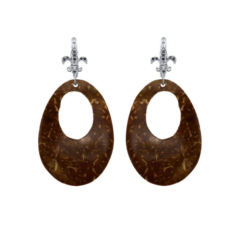 Fleur-di-lis Coconut Shell Large Oval Earrings - White Gold