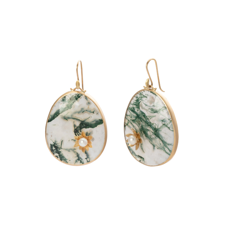 Annette Ferdinandsen Moss Agate and Pearl Lily Blossom Monet Waterlily Earrings front and side view
