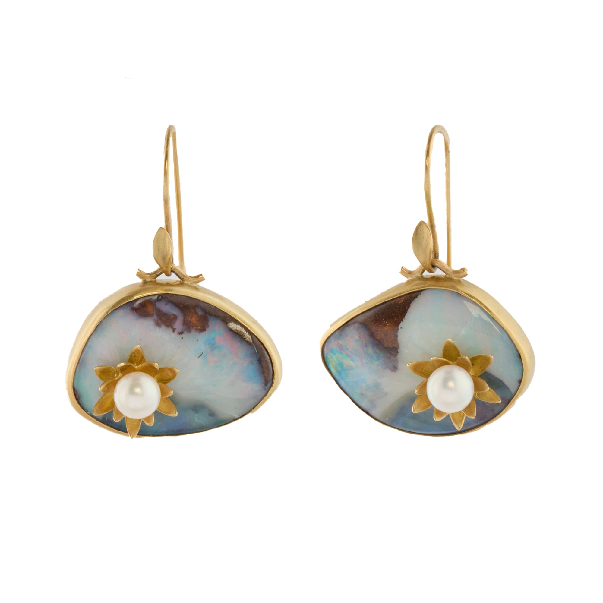 Boulder Opal and Pearl Waterlilies with Lily Blossom Earrings