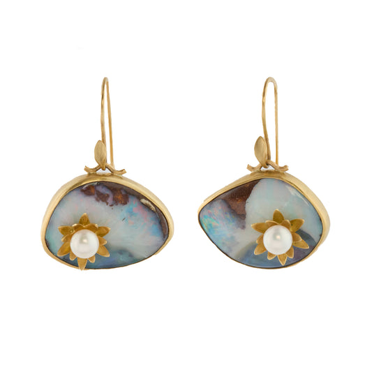 Boulder Opal and Pearl Waterlilies with Lily Blossom Earrings - Main Img