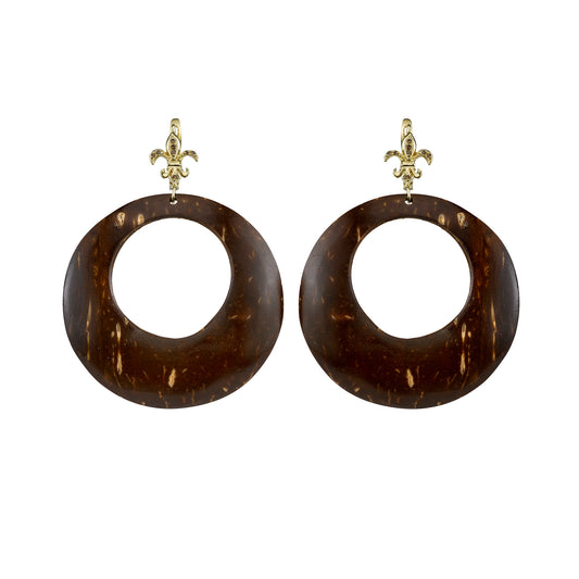 Fleur-di-lis Coconut Shell Large Hoop Earrings - Yellow Gold - Main Img