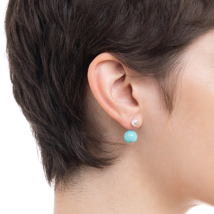Hirotaka Bumble Bee Earring - Diamond and Pearl With Amazonite - Earrings - Broken English Jewelry on model