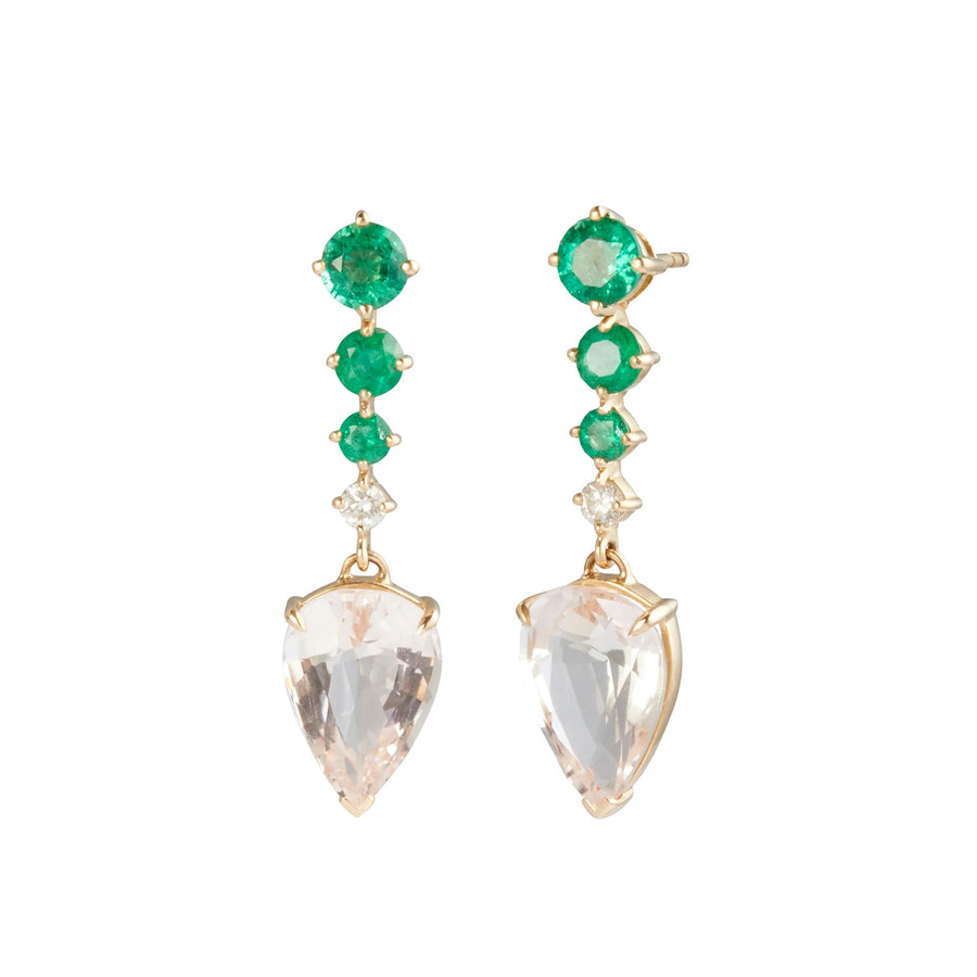 YI Collection Arrow Earrings - Emerald and Morganite - Earrings - Broken English Jewelry, front and angled view