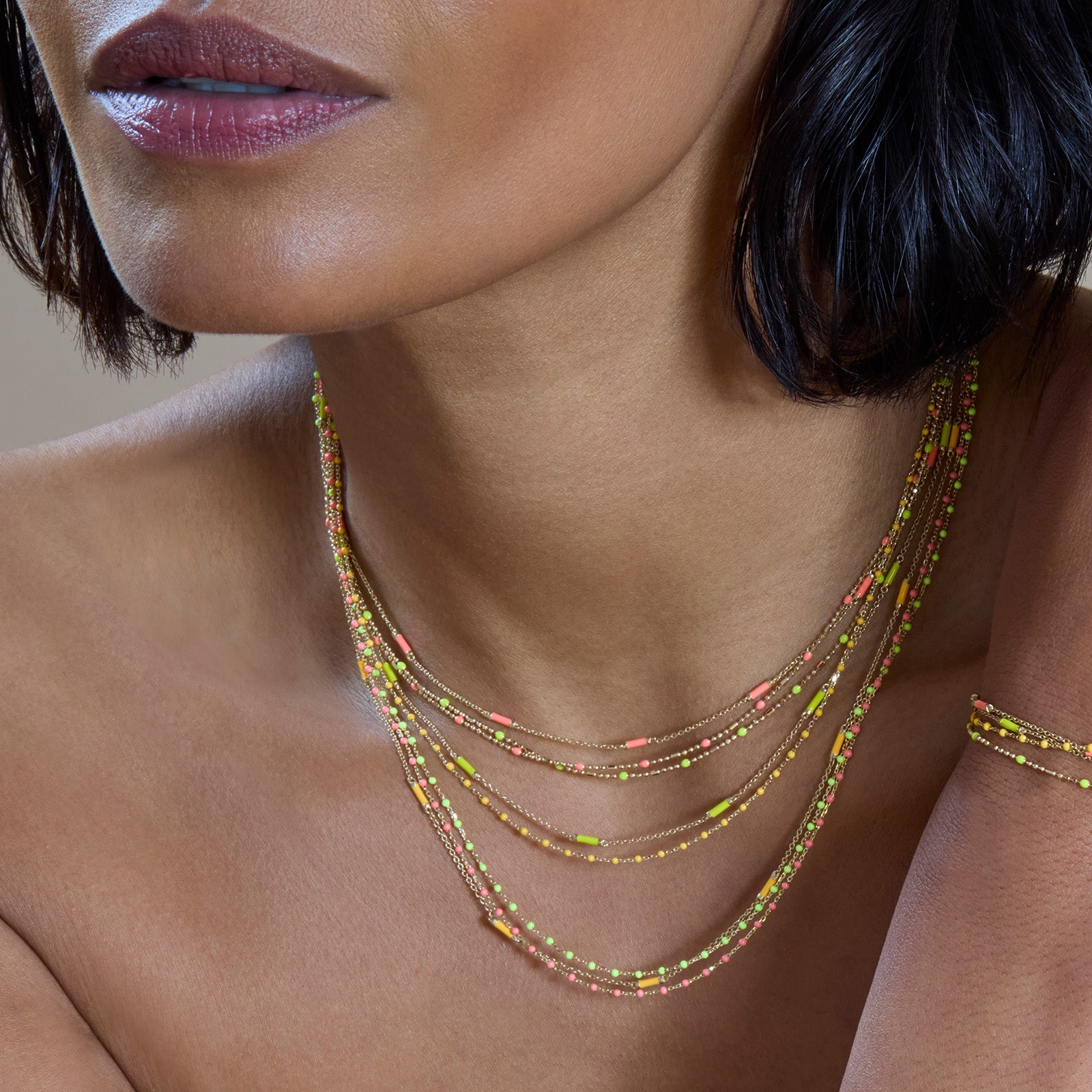 Trouver 16" Neon Yellow Tiny Dot Chain Necklace - Necklaces - Broken English Jewelry on model