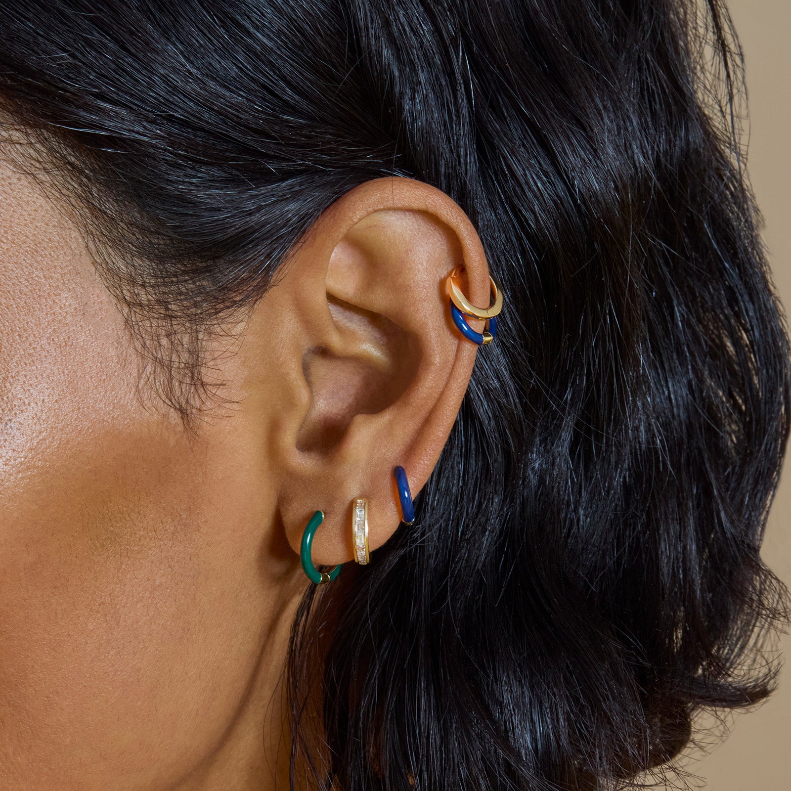 Trouver Half Baguette Huggie 8mm - Yellow Gold - Earrings - Broken English Jewelry on model