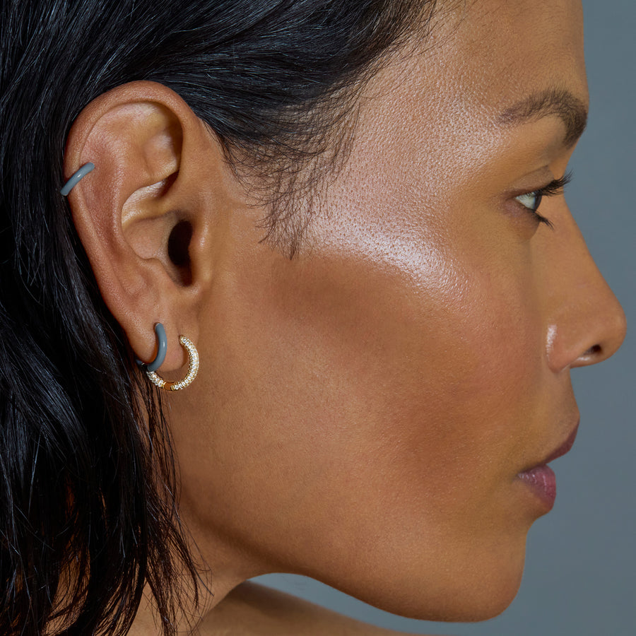 Trouver Enamel Huggie 5mm - Grey - Earrings - Broken English Jewelry on model