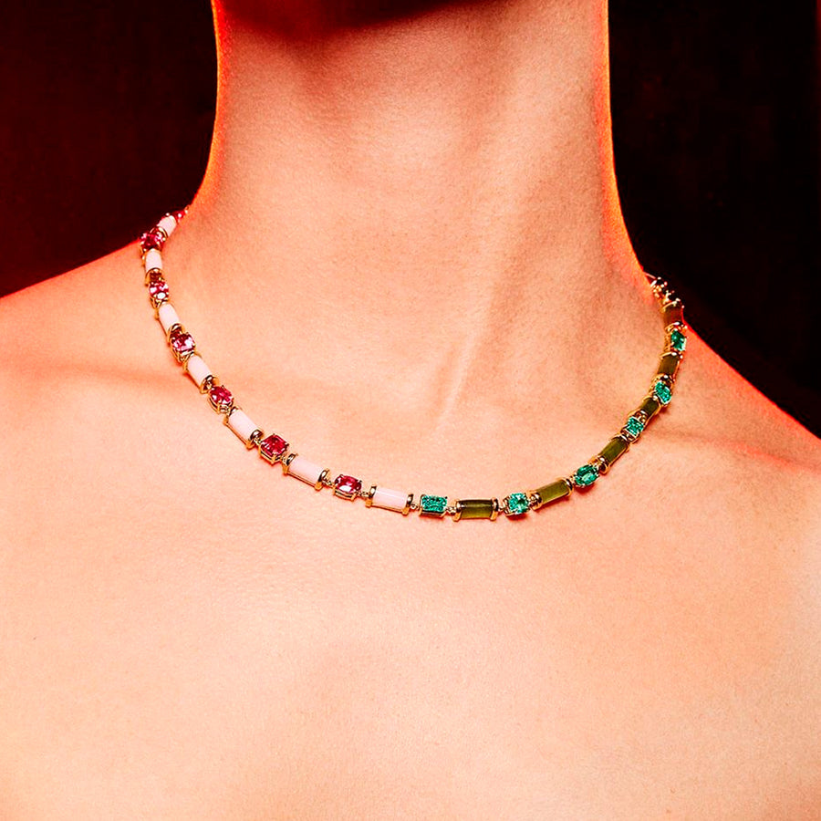 Sauer 80 Years Sofia Necklace - Jade and Pink Opal, on model