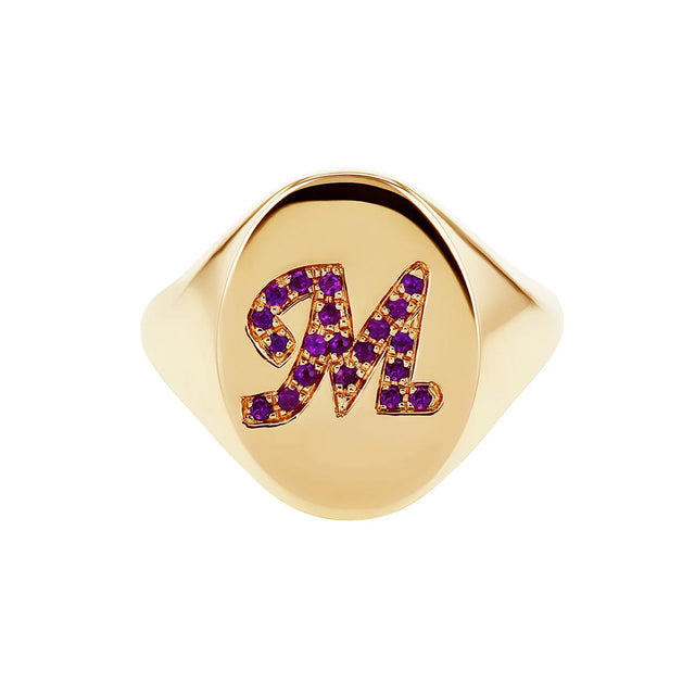 Carbon & Hyde Custom Birthstone Initial Mini Chilla Ring - Yellow Gold - Rings - Broken English Jewelry front view