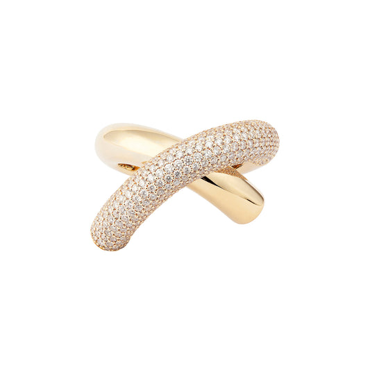 Half Pave Diamond Big Cross Loop Ring - Yellow Gold - Main Img