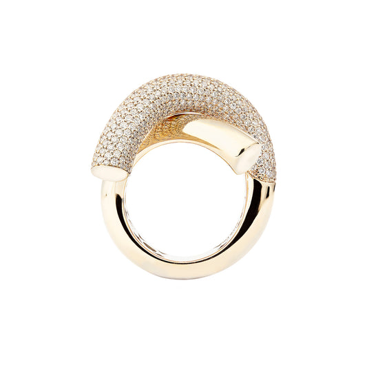 Half Pave Diamond Big Cross Loop Ring - Yellow Gold