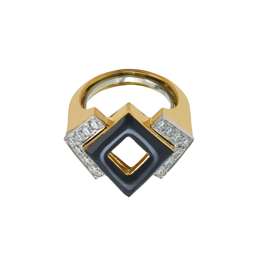 David Webb Double Diamond Ring - Black Enamel - Broken English Jewelry