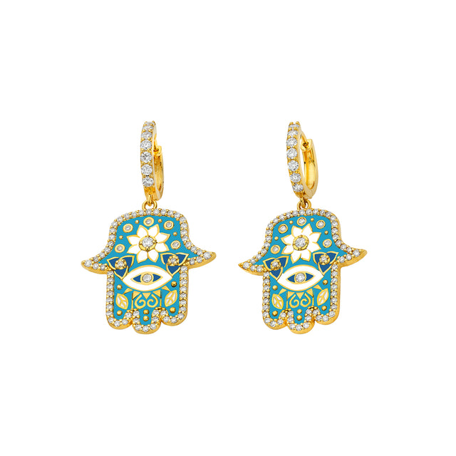 Buddha Mama Hamsa Huggies - Sky Blue Enamel - Earrings - Broken English Jewelry